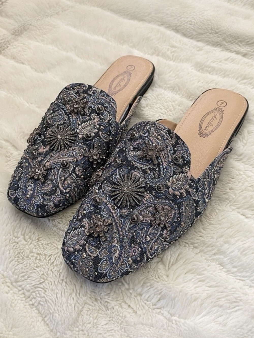 Paisley Rhinestone Embellished Blue Mules Flats Boho Slip On Shoes New Size 7
